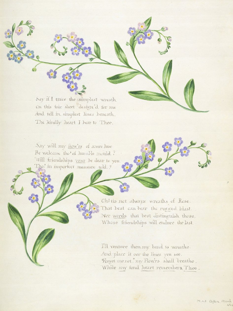 Runoja, albumista "Album of Poems, Graphite Drawings und Watercolours", noin 1828. tekijältä English School