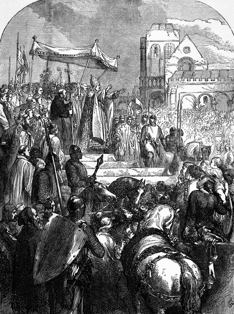 Paavi Urbanus II (n. 1035-1099) saarnaa ensimmäistä ristiretkeä Clermontin torilla vuonna 1095 tekijältä English School