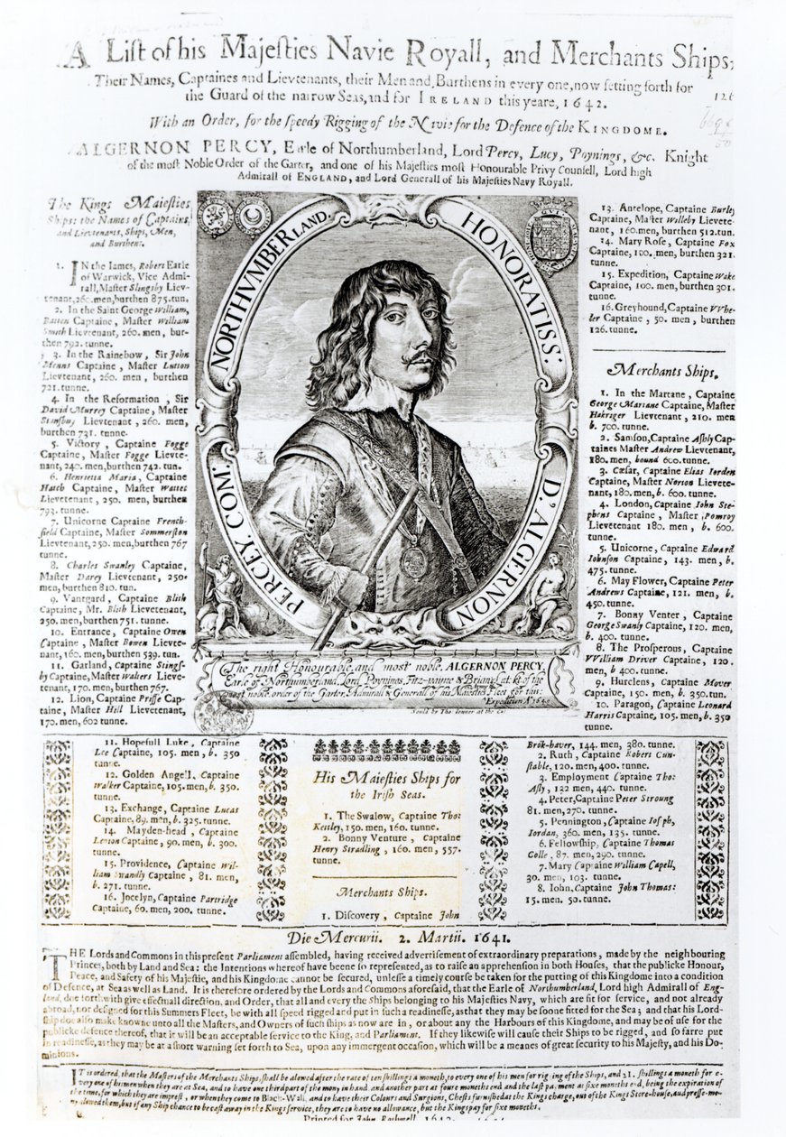 Algernon Percyn, Northumberlandin kymmenennen jaarlin (1602-68) muotokuva sekä luettelo hänen Majesteettinsa kuninkaallisesta laivastosta, 1642 tekijältä English School