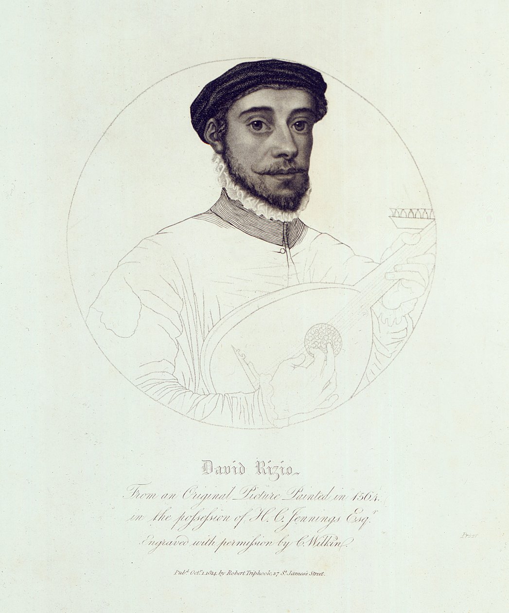 David Rizion muotokuva vuonna 1564 maalatusta alkuperäiskuvasta, kaiverrettu C. Wilkinin toimesta, pub. Lontoo, 1814 tekijältä English School