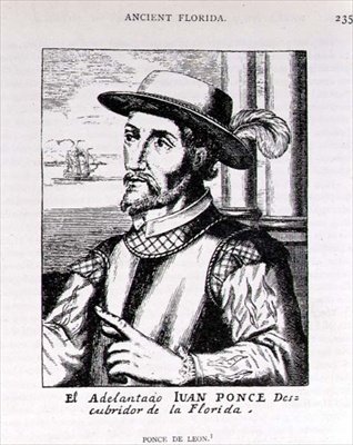 Floridan löytäneen Juan Ponce de Leonin (1460-1521) muotokuva The Narrative and Critical History of Americasta, toimittanut Justin Winsor, Lontoo, 1886 tekijältä English School