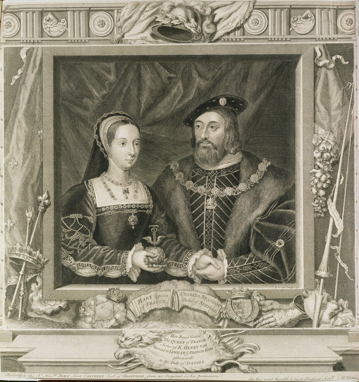 Muotokuva Mariasta (1496-1533), Ranskan kuningattaresta, ja Kaarle Brandonista (k.1545), Suffolkin herttuan, kaivertaja George Vertue (1684-1756) 1748 (ks. myös 136496). tekijältä English School