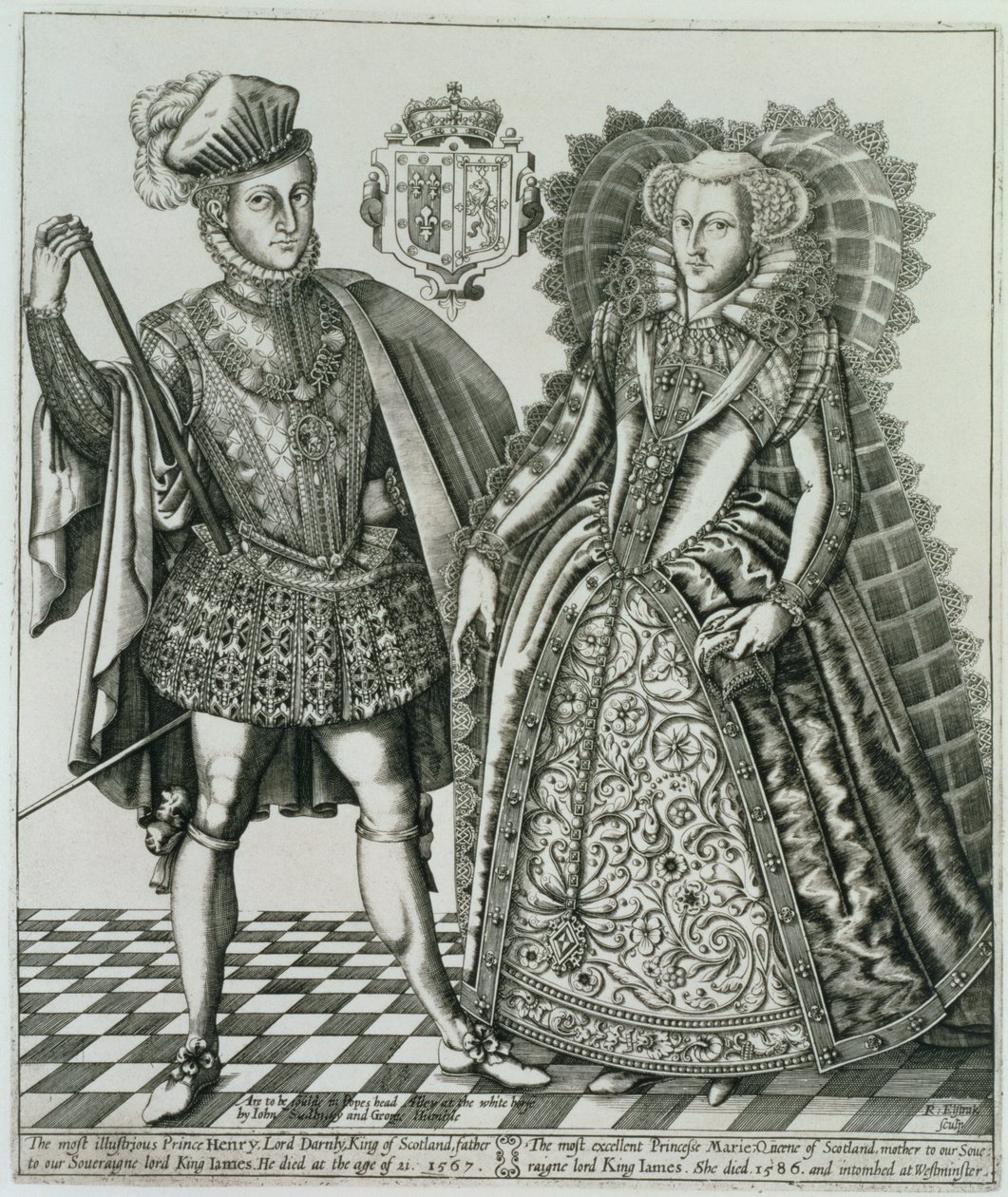 Muotokuva Mariasta, Skotlannin kuningattaresta (1542-87) ja Henry Stewartista, Lord Darnleysta (1545-67) Kuninkaiden kirjasta, kaivertanut Renold Elstrack (1571-n.1630) 1618 tekijältä English School