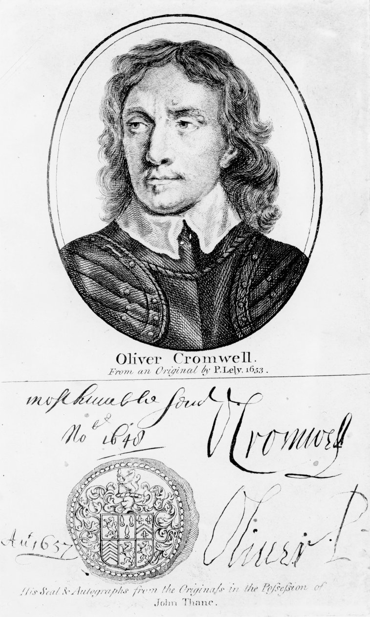 Oliver Cromwellin (1599-1658) muotokuva Peter Lelyn alkuperäisestä vuodelta 1653, sinetti ja nimikirjoitukset tekijältä English School