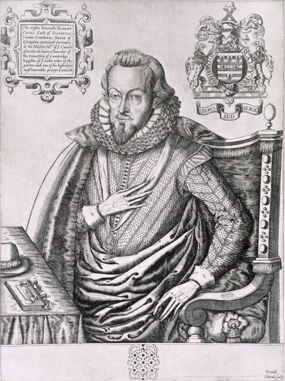Muotokuva Robert Cecilistä (1563-1612) 1. Earl of Salisbury, kaiverrus Renold Elstrack (1571-n. 1630) n. 1607 tekijältä English School