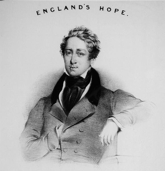Robert Peelin (1788-1850) muotokuva konservatiivien kokouksissa lauletun Englands Hopen etukanteen tekijältä English School