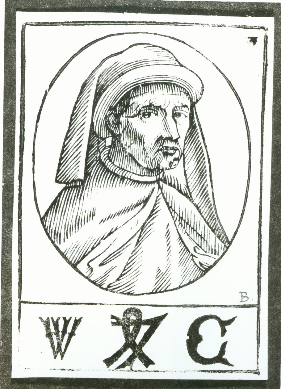 Muotokuva William Caxtonista (n. 1422-1491) ja hänen painomerkkistään tekijältä English School