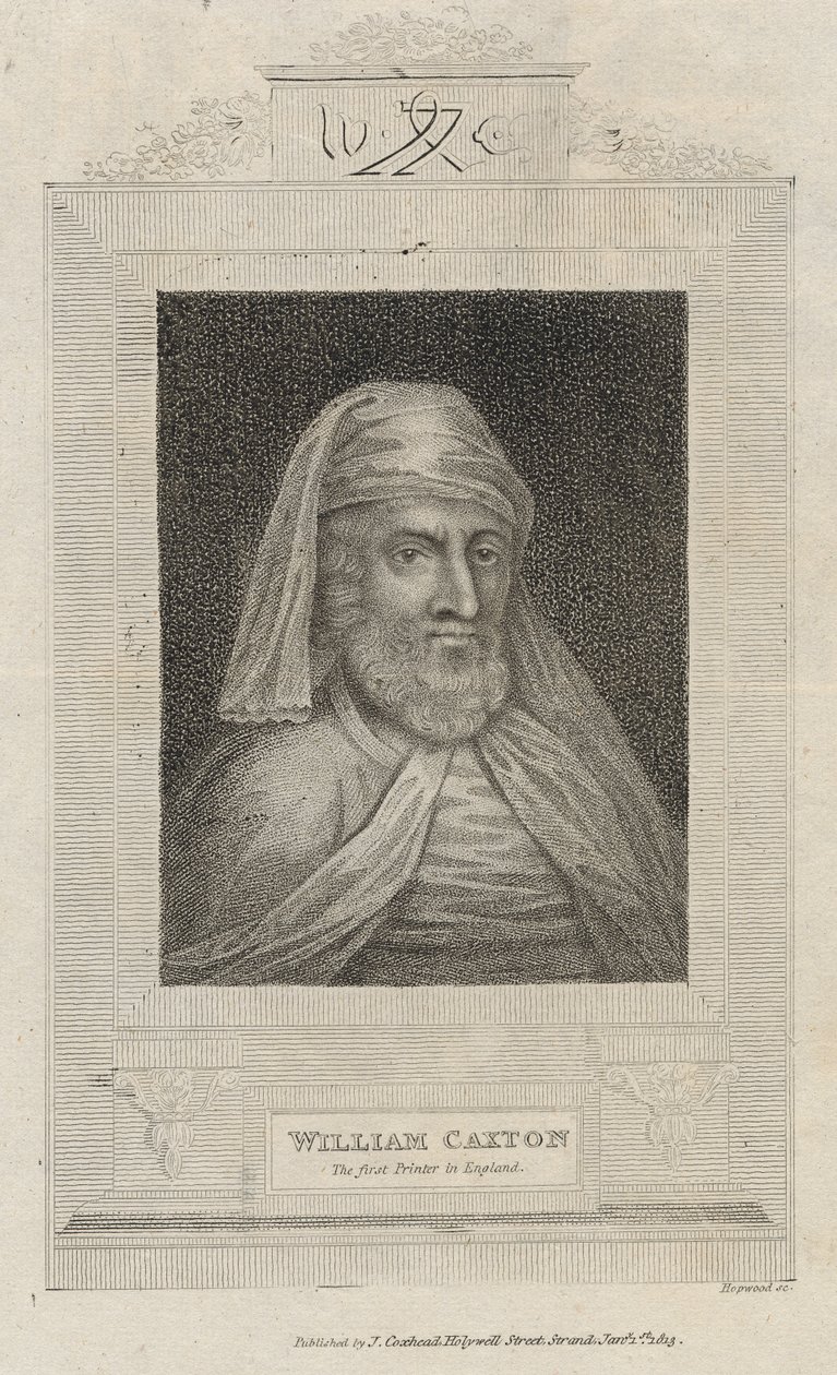 William Caxtonin (n. 1422-1491) muotokuva ja hänen painomerkkinsä tekijältä English School