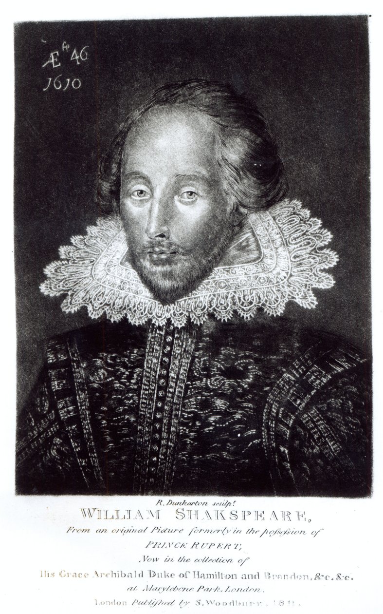 Muotokuva William Shakespearesta (1564-1616), kaiverrettu Robert Dunkarton (1744-1817), julkaissut S.Woodburn, 1811 tekijältä English School