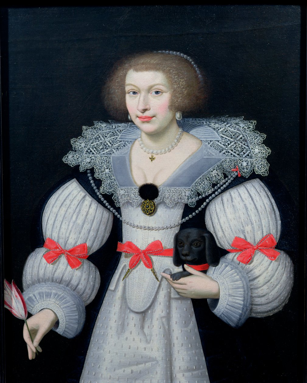 Muotokuva naisesta pitelemässä koiraa ja tulppaania, n. 1620 tekijältä English School