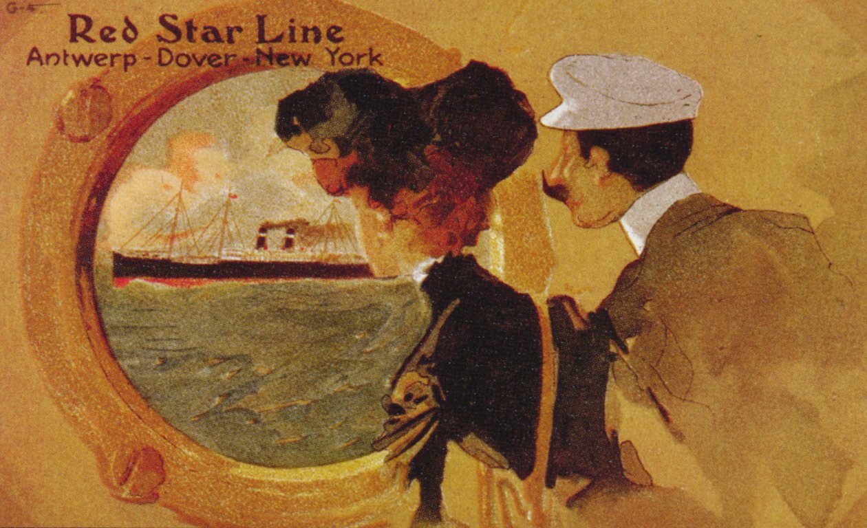 Juliste, joka mainostaa "Red Star Linea" Antwerpenistä New Yorkiin Doverin kautta tekijältä English School