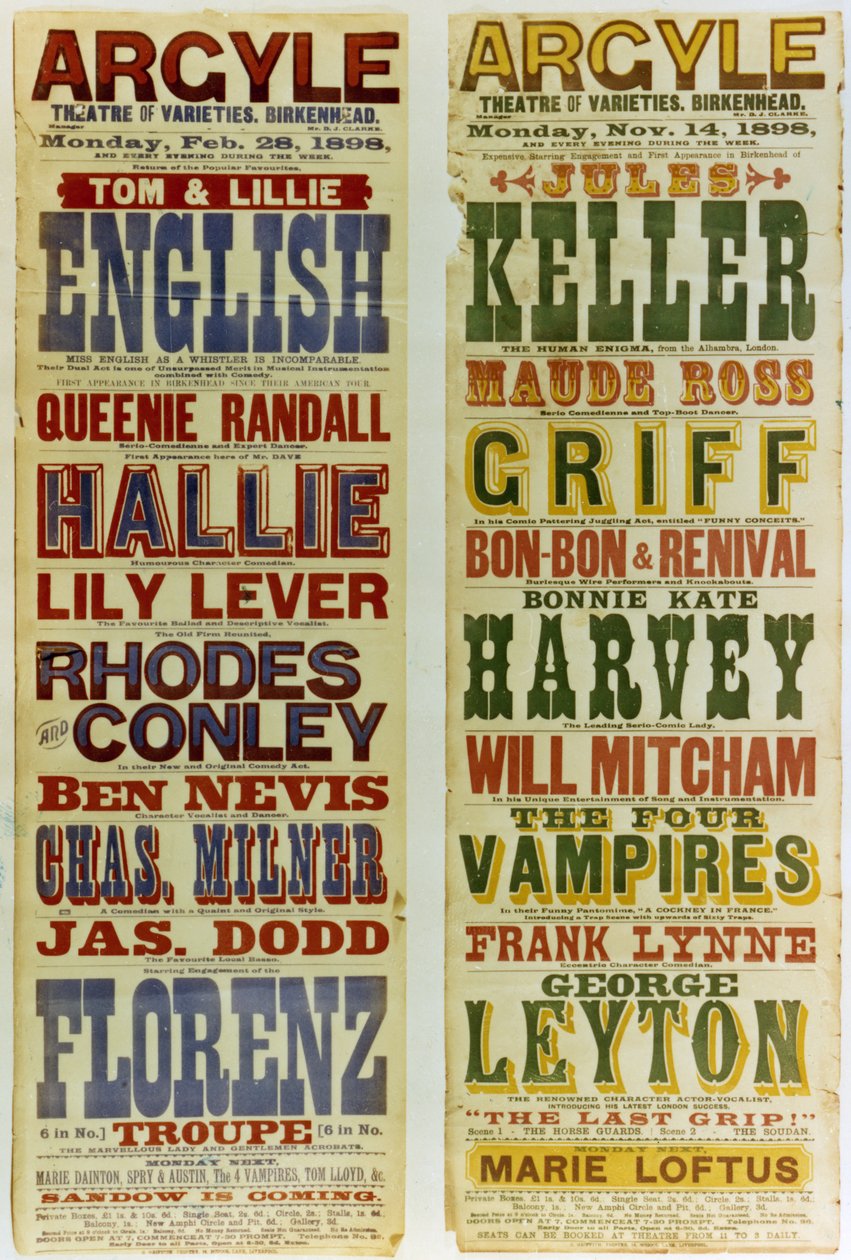 Julisteet Argyle Theatre of Varietiesille, Birkenhead, 1898 tekijältä English School