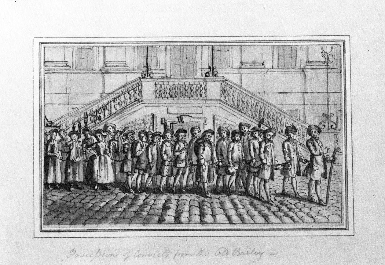 Vankien kulkue Old Baileysta, n. 1750-1800 (kynä ja muste ja harmaa pesu paperille) tekijältä English School