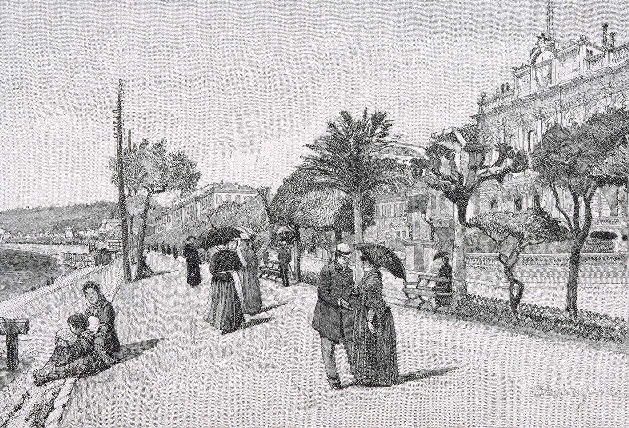Promenade des Anglais, Nizza, Ranska, julkaisusta "The Picturesque Mediterranean", osa 3, julkaisija Cassell and Co. Ltd., 1880-90-luvut tekijältä English School