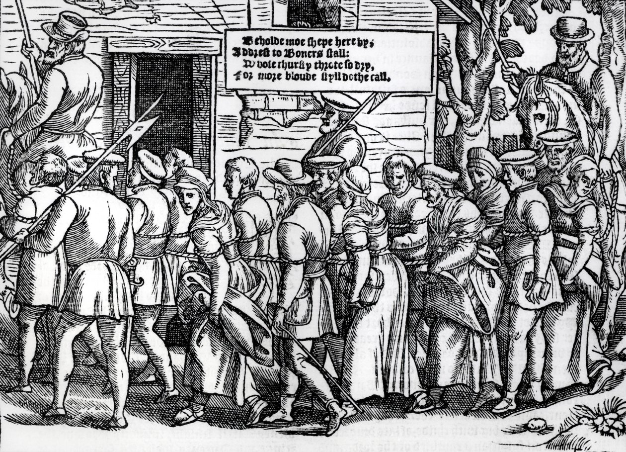 Protestantit, köydellä köydellä, johdatettiin Lontooseen oikeudenkäyntiä varten, John Foxen (1516-87) teoksesta Teot ja monumentit, 1563 tekijältä English School