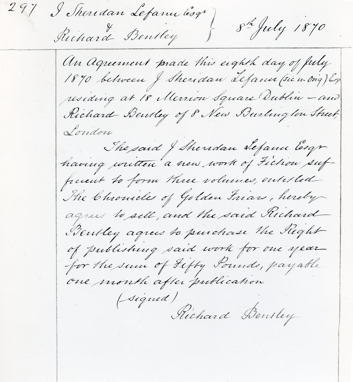 Joseph Sheridan Le Fanun ja Richard Bentleyn välinen kustannussopimus kirjasta "The Chronicles of Golden Friars", 1870 (muste paperilla). tekijältä English School