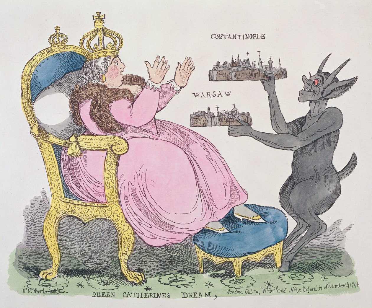 Kuningatar Katariinan unelma, 1791 (värillinen etsaus) tekijältä English School