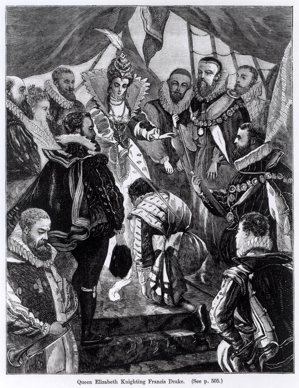 Kuningatar Elisabet I (1530-1603) ritari Francis Drake (n. 1540-96) vuonna 1581 tekijältä English School