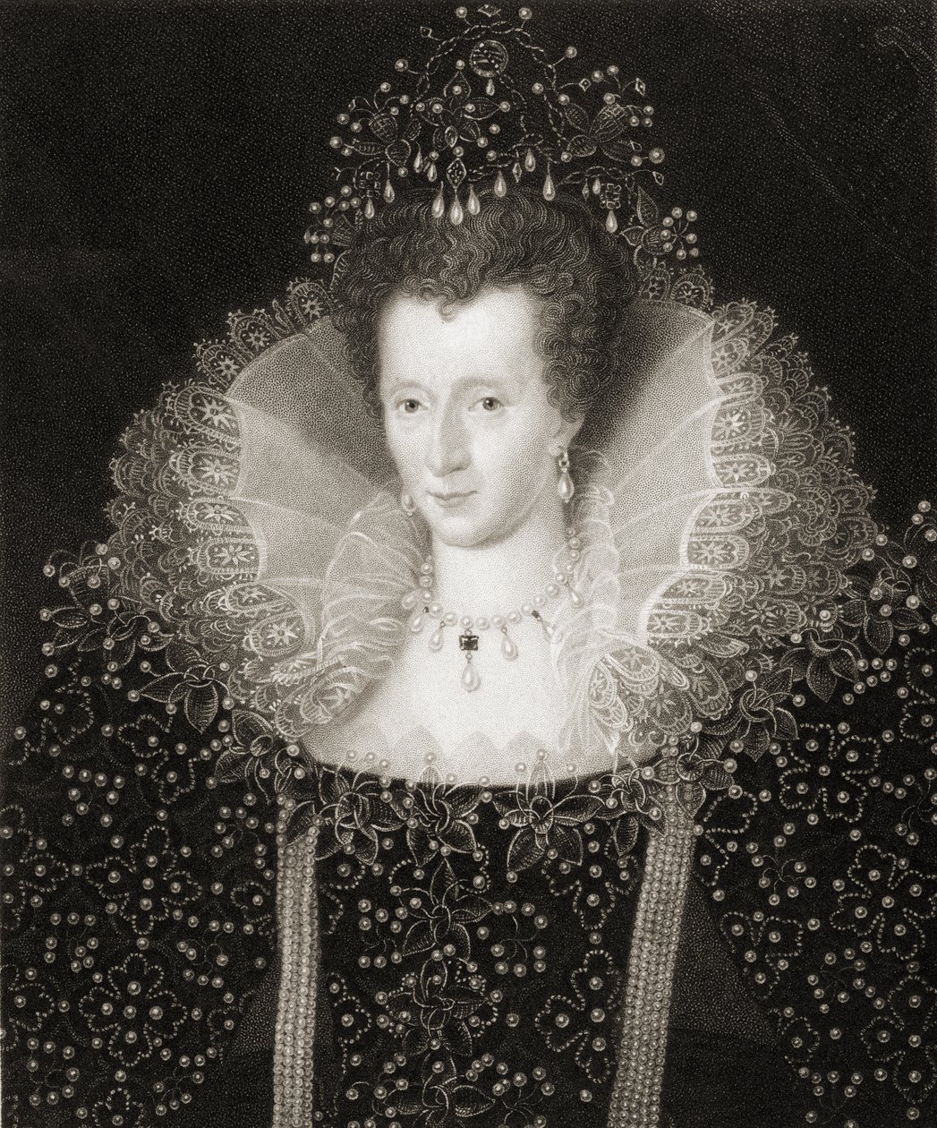 Kuningatar Elizabeth I (1533-1603) Galleria of Portraits -julkaisusta, julkaistu vuonna 1833 tekijältä English School