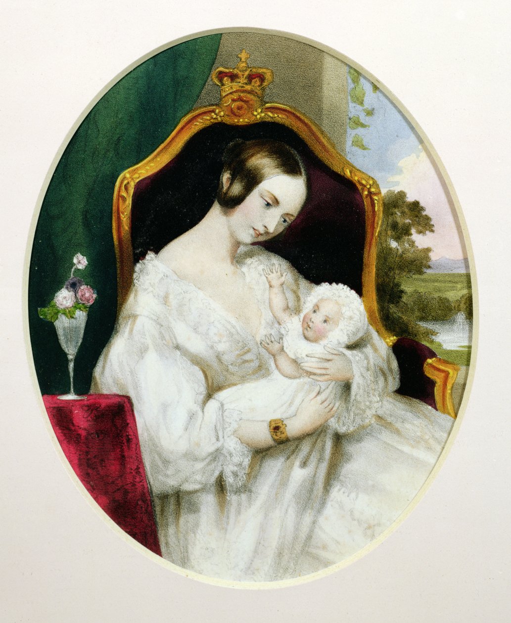 Kuningatar Victoria (1819-1901) prinsessa Royalin (1840-1901) kanssa vauvana (wc paperilla) tekijältä English School