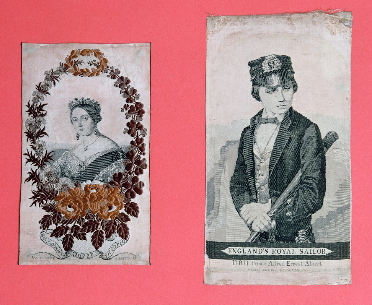 Kuningatar Victorian ja prinssi Albertin kirjanmerkit (stevengraph) tekijältä English School