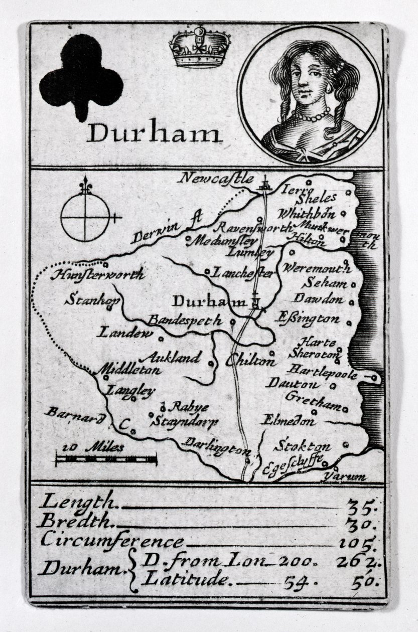 Queen of Clubs ja Durham kartta, n.1675 tekijältä English School
