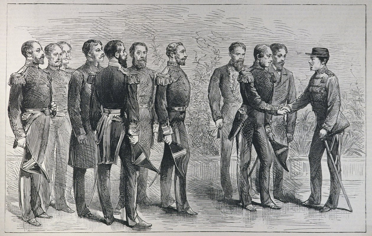Brittiläisten laivaston upseerien vastaanotto Japanin Mikadon toimesta, The Illustrated London News, 7. toukokuuta 1887 tekijältä English School