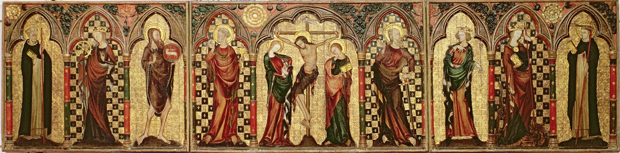 Retable, joka kuvaa ristiinnaulitsemista kahdeksan pyhän kanssa, n. 1300 (tempera ja kultalehti taulussa) (katso myös 1713) tekijältä English School