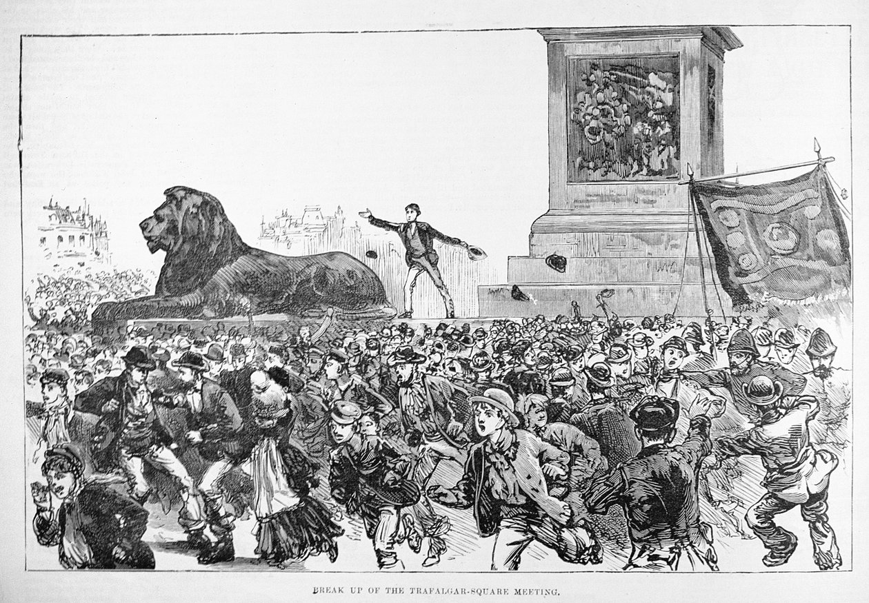 Mellakat Lontoon West Endissä: Trafalgar Square -kokouksen hajottaminen, The Illustrated London News -lehdestä, 13. helmikuuta 1886. tekijältä English School