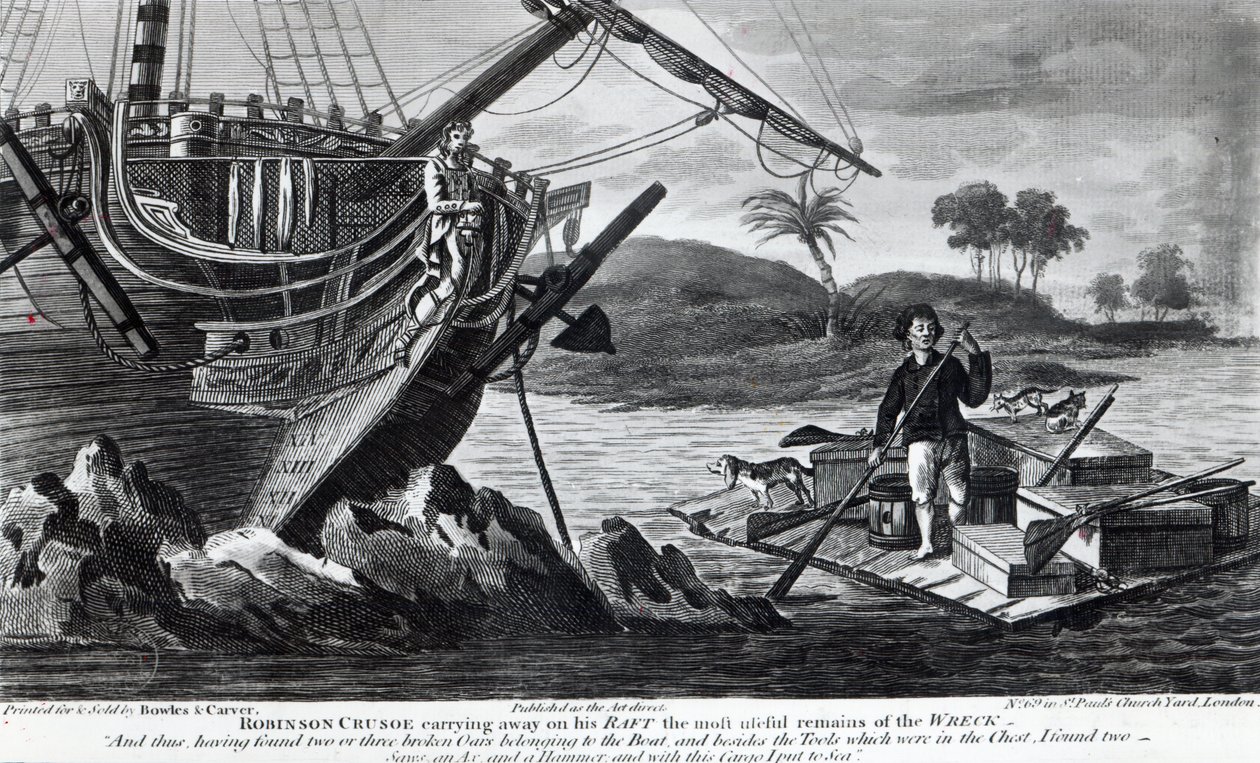 Robinson Crusoe kuljettaa lautallaan hylyn hyödyllisimmät jäänteet tekijältä English School