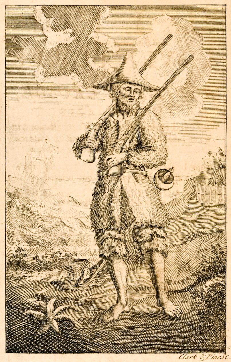 ?Robinson Crusoe? etukappaleen kuvitus, joka esittää oletetun kirjailijan Crusoen rannalla muskettien ja miekkojen kanssa teoksesta ?Robinson Crusoen elämä ja kummalliset yllättävät seikkailut tai York, Marine tekijältä English School