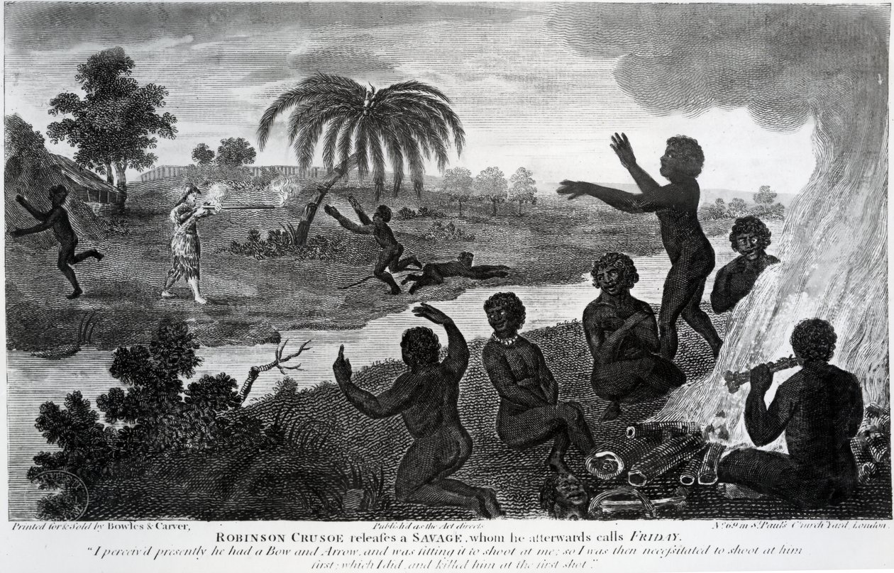 Robinson Crusoe julkaisee Savagen, jota hän myöhemmin kutsuu perjantaina, kuva Daniel Defoen teoksesta "Robinson Crusoe", julkaistu 1795 tekijältä English School