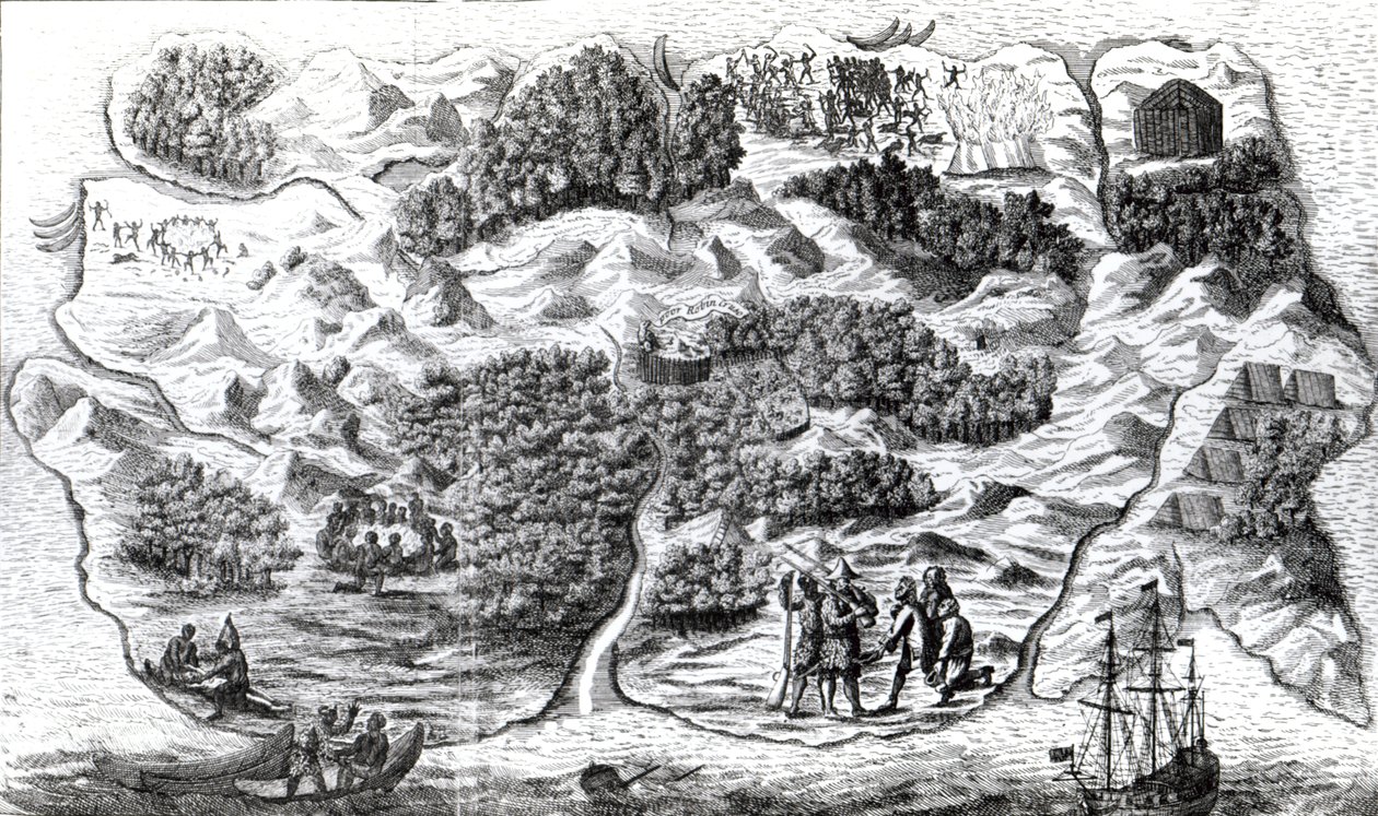 Robinson Crusoen saari, kaiverrus Clark ja Pine, 1719 tekijältä English School