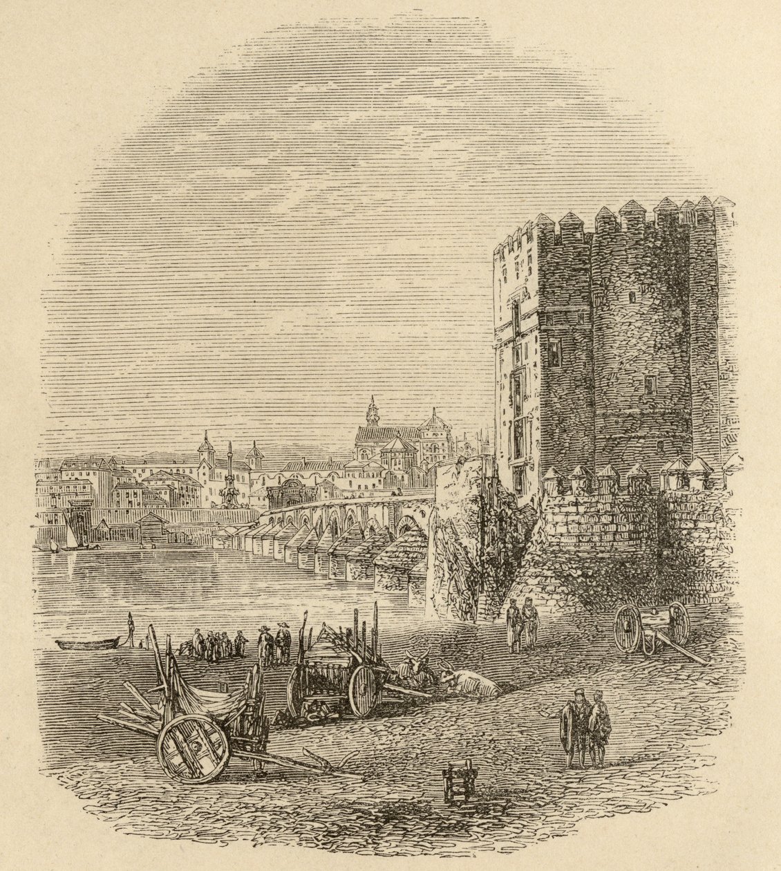 Roomalainen silta ja Calahorra Tower, Cordoba, kuvitus "Espanjalaisista kuvista", pastori Samuel Manning tekijältä English School