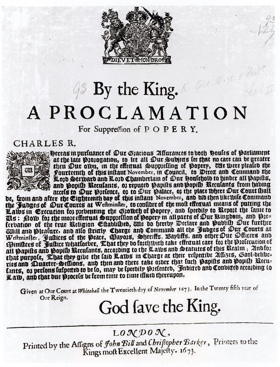 Kuninkaallinen julistus, 1675 tekijältä English School