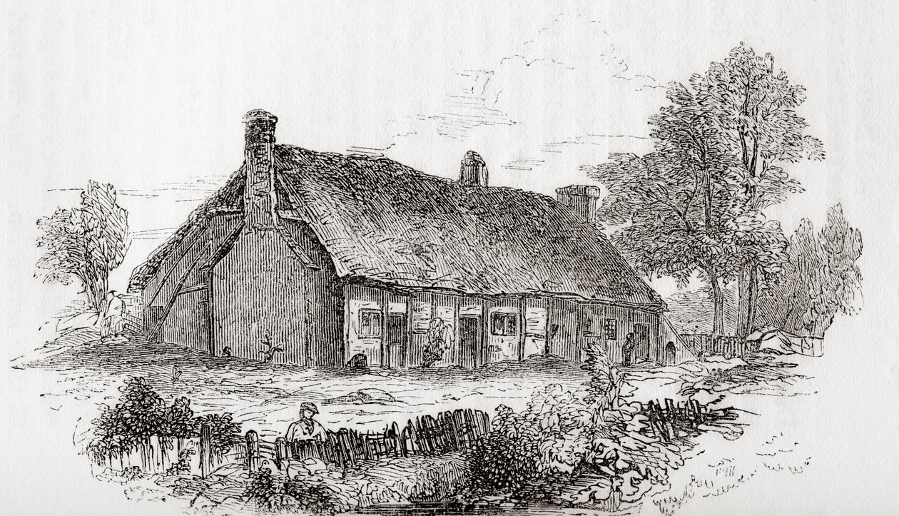 Samuel Butlersin talo, Pershore, Worcestershire, Englanti. Samuel Butler, 1613-1680. Englantilainen runoilija ja satiiri, vanhasta Englannista: Kuvamuseo, pubi. 1847 tekijältä English School