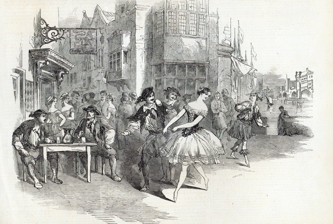 Kohtaus The Wags of Wappingin uudesta baletista Drury-Lane Theatressa, The Illustrated London Newsista, 21. marraskuuta 1846 tekijältä English School