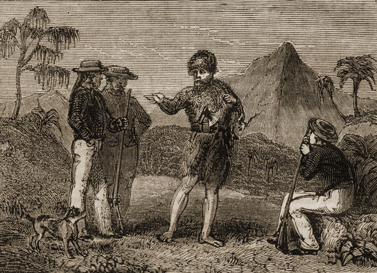 Selkirk ja brittiläiset merimiehet, kuvitus artikkelista Tales of Travellers or A View of the World, julkaistu 1838 tekijältä English School