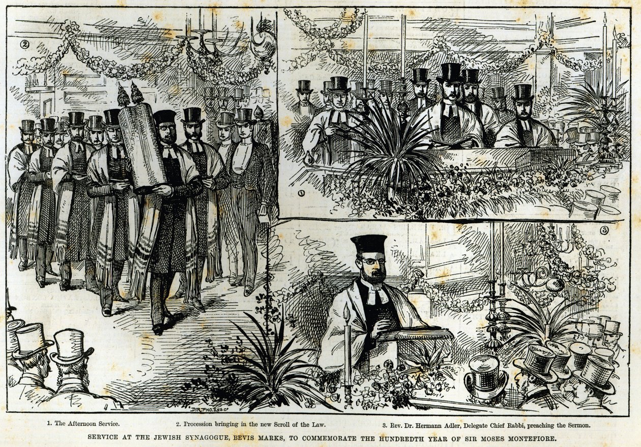 Jumalanpalvelus juutalaisessa synagogassa Bevis Marksissa Sir Moses Montefioren sadan vuoden muistoksi, The Illustrated London News, marraskuu 1884 tekijältä English School