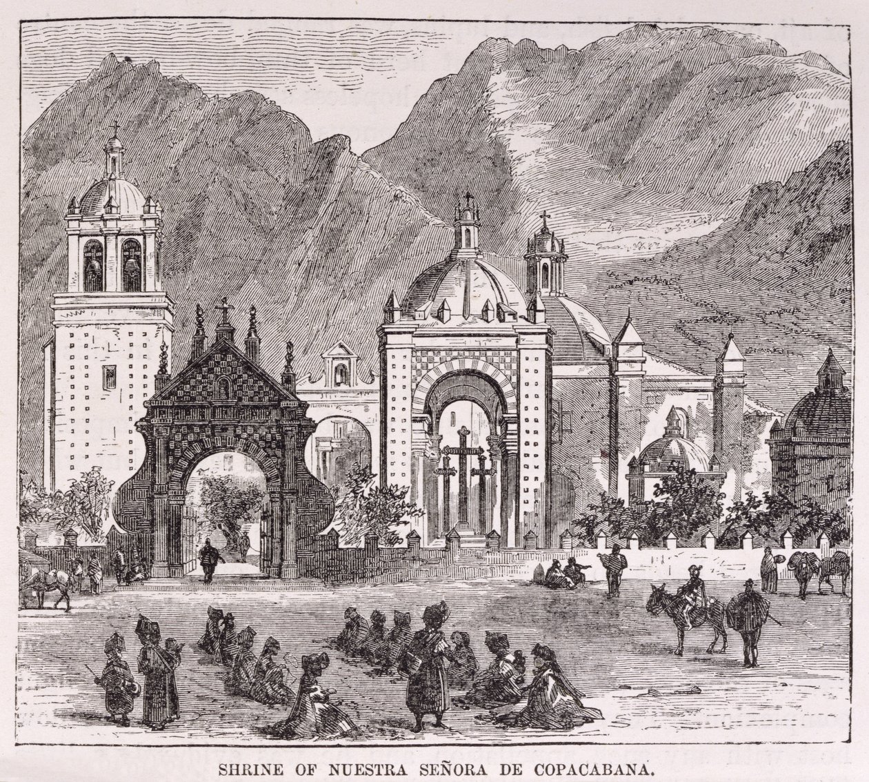 Nuestra Senora de Copacabanan pyhäkkö, Lima, Peru, E. George Squierin vuonna 1878 julkaisemasta teoksesta "Incas-maassa tehdyt matka- ja tutkimustapahtumat". tekijältä English School