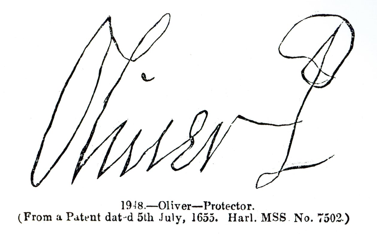 Oliver Cromwellin (1599-1658) Lord Protectorin allekirjoitus patenttikäsikirjoituksesta (Harl.MSS No.7502), joka on päivätty 5. heinäkuuta 1655 tekijältä English School