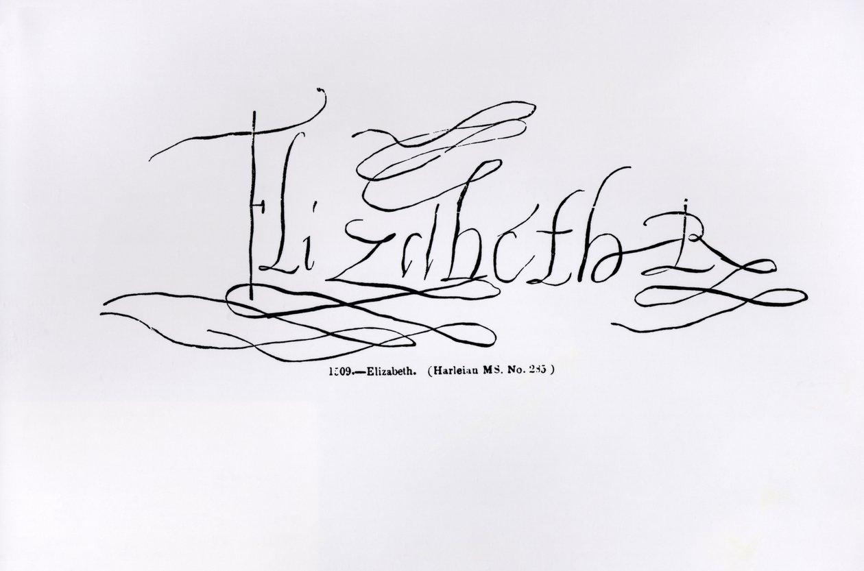 Kuningatar Elisabet I:n (1533-1603) allekirjoitus (kynä ja muste paperille) tekijältä English School