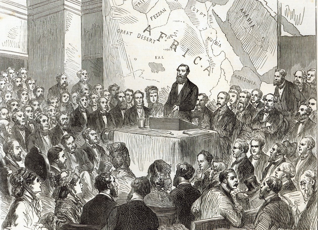 Sir Samuel Baker Royal Geographical Societyn kokouksessa, The Illustrated London News, 20. joulukuuta 1873 tekijältä English School