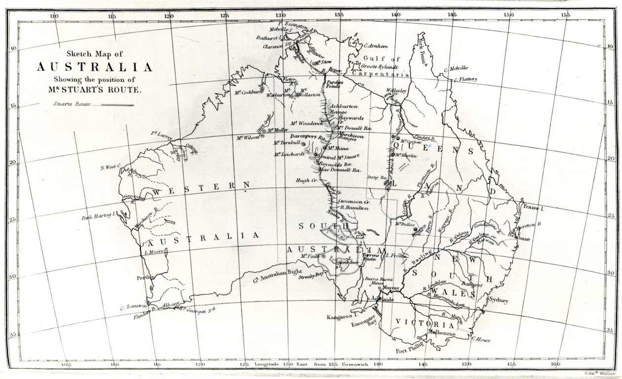 Luonnoskartta Australiasta, jossa näkyy herra Stuartin reitin sijainti, 1864 tekijältä English School