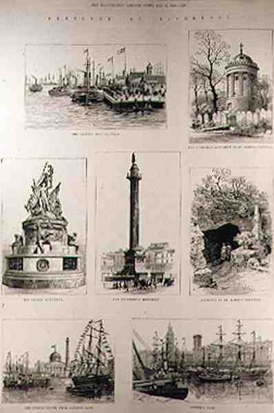 Sketches Liverpoolissa: Princes Landing Stage; Huskisson-monumentti St. Jamesin hautausmaalla; Nelsonin muistomerkki; Wellingtonin muistomerkki; Sisäänkäynti St. Jamesin hautausmaalle; Custom House Ca tekijältä English School