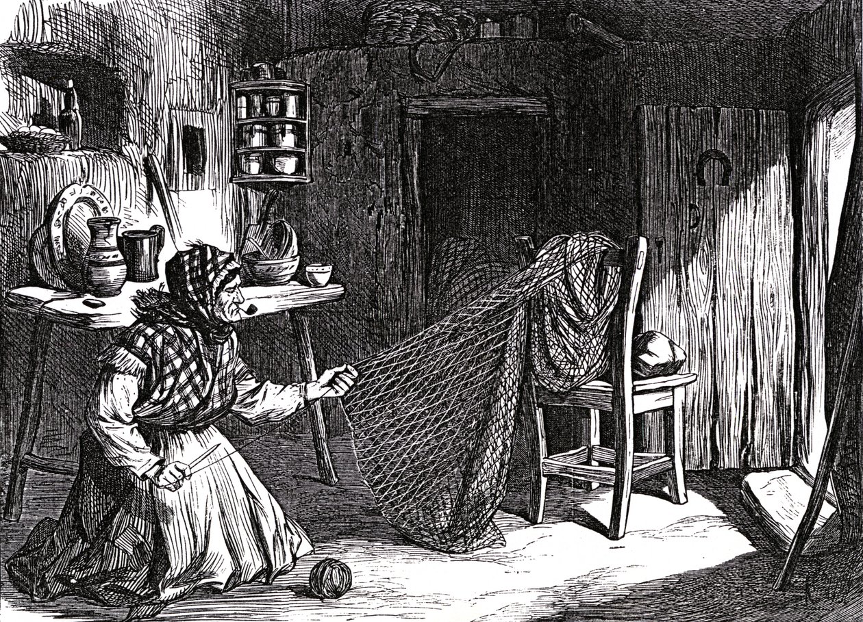 Luonnoksia Irlannista: Nainen tekemässä verkkoja Claddaghissa, Galwayssa, kuvitus The Illustrated London Newsista, 1870 tekijältä English School