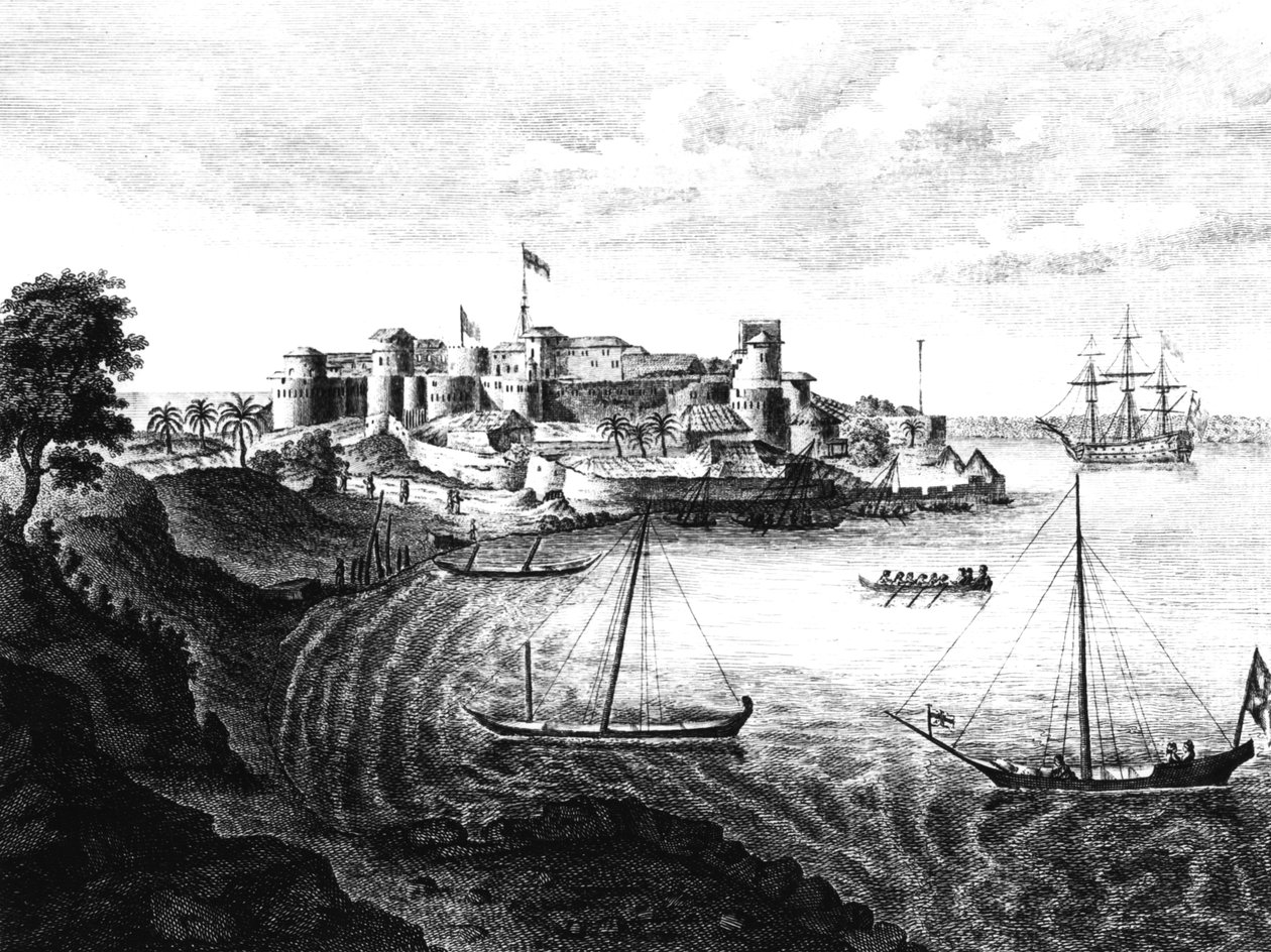Kaakkoisnäkymä Geriah Fortista, laskeutumispaikasta ja sisäänkäynnistä Edward Ivesin "matkasta Intiaan", versio julkaistiin vuonna 1773 tekijältä English School