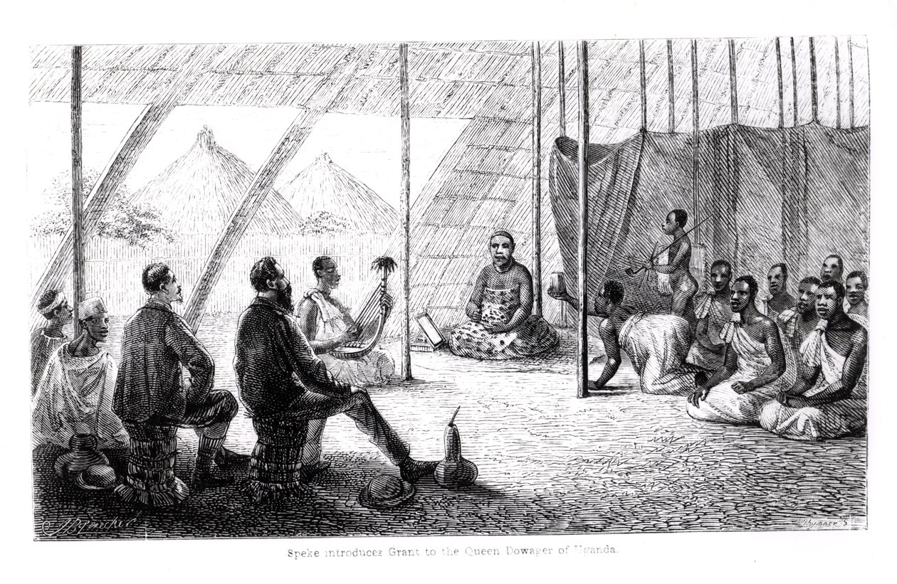 Speke (1827-64) esittelee Grantin (1827-1892) Ugandan kuningattarelle tekijältä English School