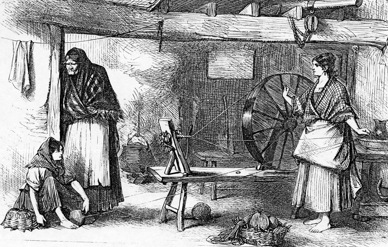 Spinning Net Thread Claddaghissa, Galwayssa, kuvitus julkaisusta "The Illustrated London News", 16. heinäkuuta 1870 tekijältä English School