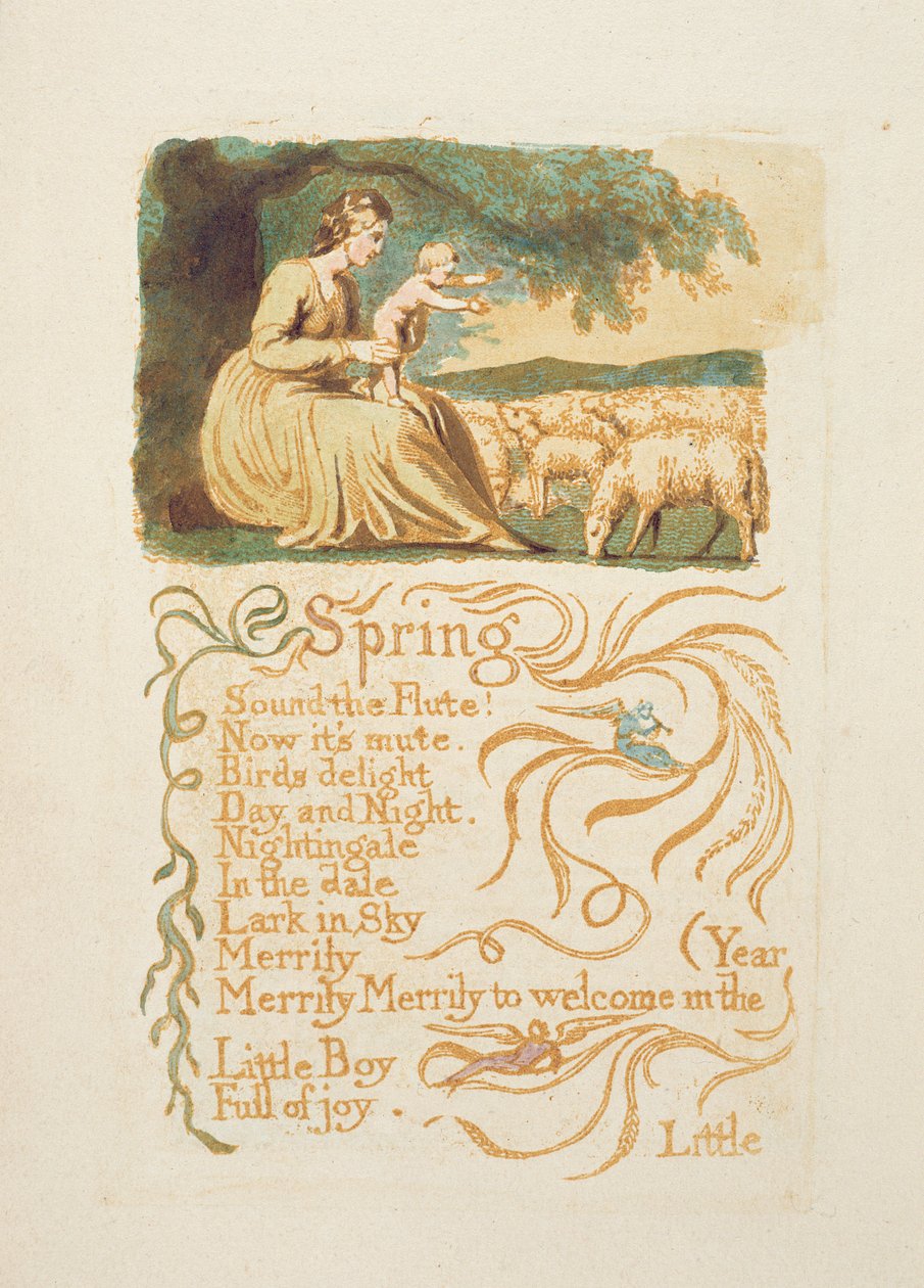 "Kevät", levy 12 kappaleesta "Songs of Innocence and Experience", William Blaken (1757-1827) mukaan n. 1808 (wc kynällä ja ruskealla musteella) tekijältä English School